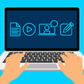 Hands typing on a laptop with icons for document, play, chat, and pencil, symbolizing multimedia